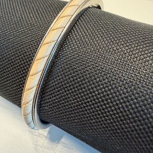 Ralph Lauren Bangle Bracelet Polished Chrome with Beige Leather Accent